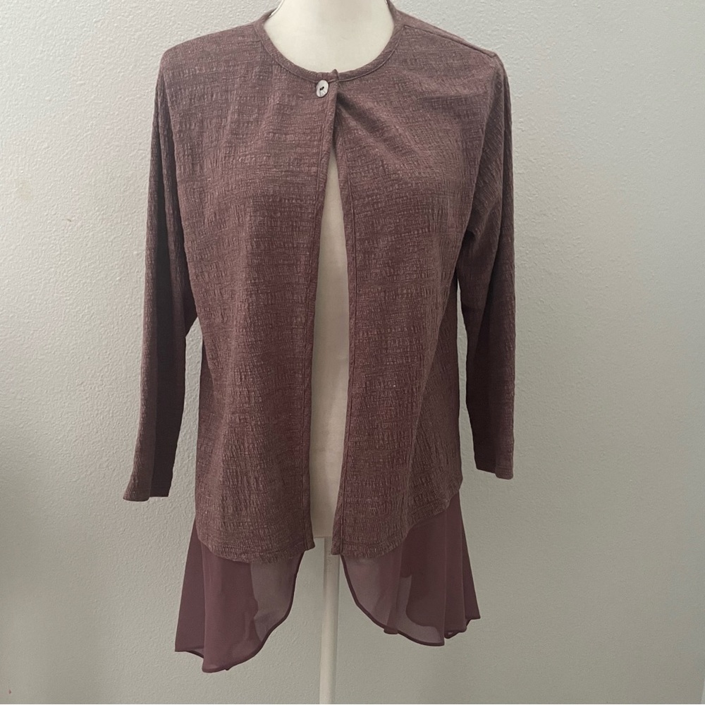 LOGO Lori Goldstein mauve open front cardigan with sheer panel size medium